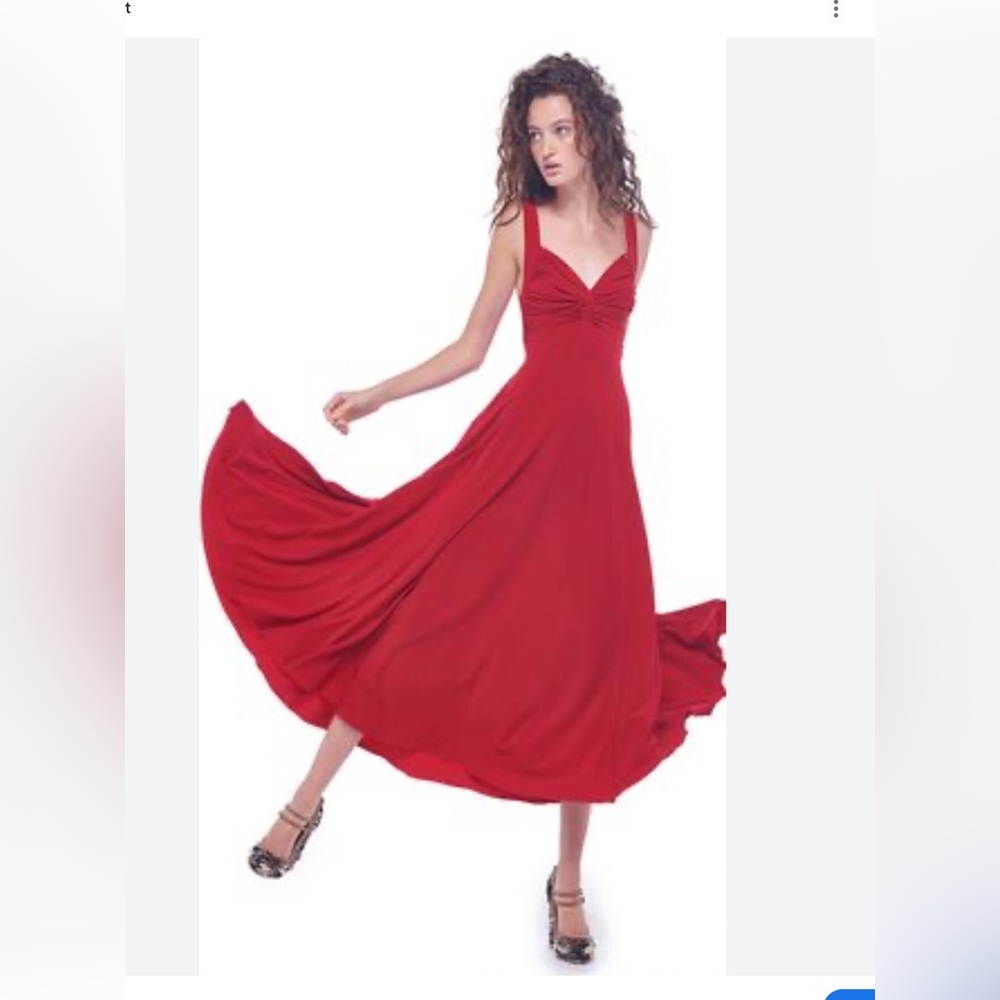 Norma Kamali Red Midi Dress V-Neck Flowing Skirt
